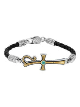 Load image into Gallery viewer, Konstantino Dome Sterling Silver & 18K Gold Blue Spinel Leather Bracelet BKJ701-478-BLK MSRP $990