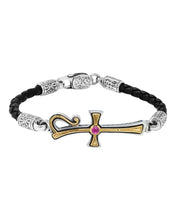 Load image into Gallery viewer, Konstantino Dome Silver 18K Gold & Corundum Leather Bracelet BKJ701-538-BLK MSRP $990