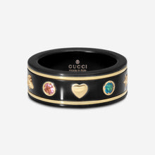 Load image into Gallery viewer, GUCCI Icon Thin Band 18kt Yellow Gold, Black Synthetic Corundum and Topaz Ring YBC527095002 MSRP $1,100
