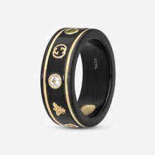 Load image into Gallery viewer, GUCCI Icon Thin Band 18kt Yellow Gold, Black Synthetic Corundum and Topaz Ring YBC527095002 MSRP $1,100