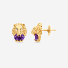 Load image into Gallery viewer, Gucci Lion Head 18K Yellow Gold, Amethyst & Diamond Earrings YBD609866002 MSRP $3,520