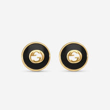 Load image into Gallery viewer, Gucci 18K Yellow Gold and Onyx Stud Earrings 12mm YBD786554001 MSRP $2,200