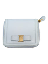 Load image into Gallery viewer, Salvatore Ferragamo Vara 683545 Light Blue Leather Compact Wallet MSRP $595
