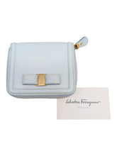 Load image into Gallery viewer, Salvatore Ferragamo Vara 683545 Light Blue Leather Compact Wallet MSRP $595
