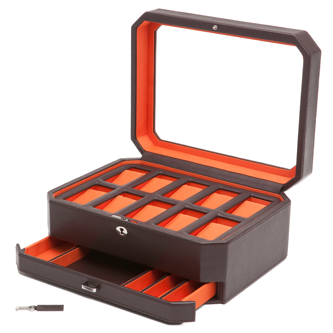 Wolf 458606 Windsor 10 Piece Watch Box with Drawer in Brown & Orange MSRP $369