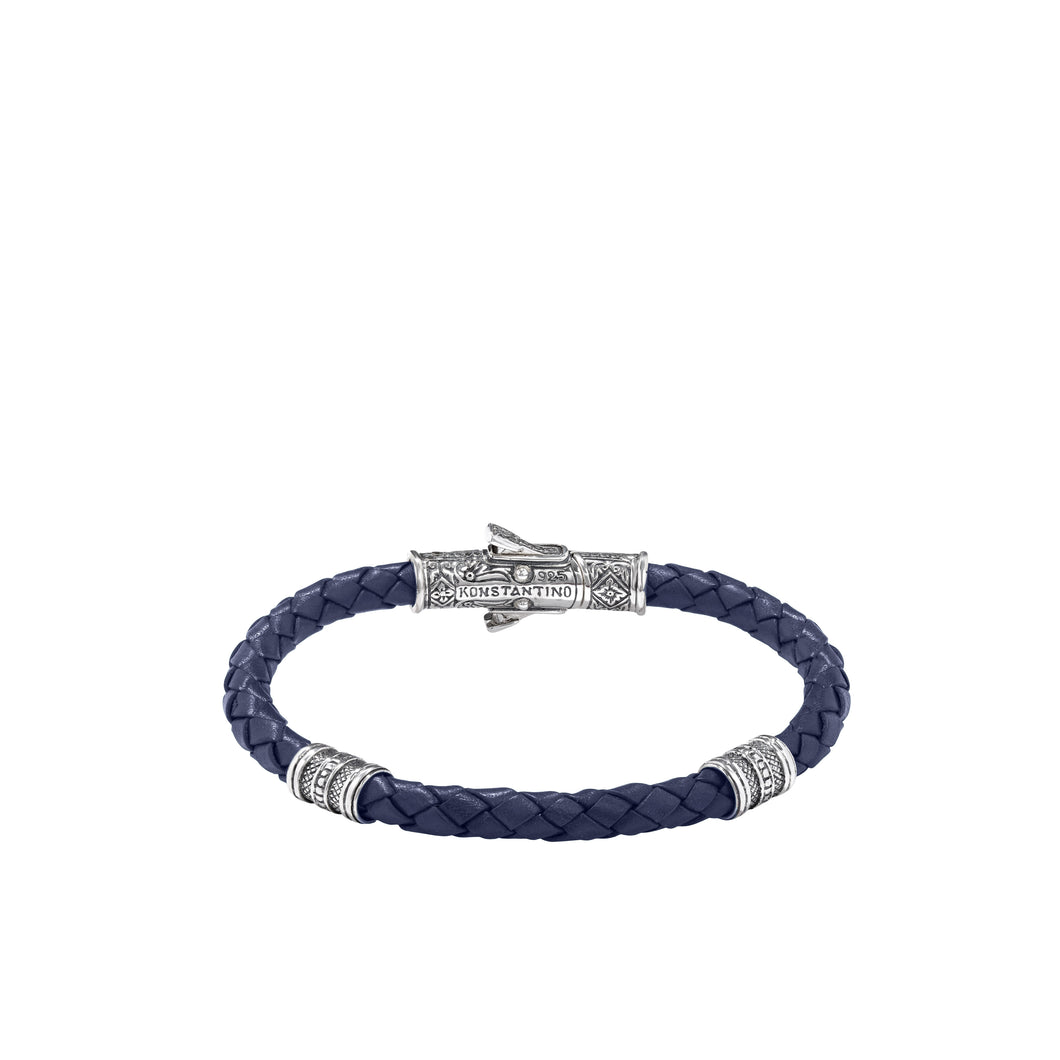 Konstantino Perseus Men's Sterling Silver & Blue Leather Bracelet BKJ646-131-BL