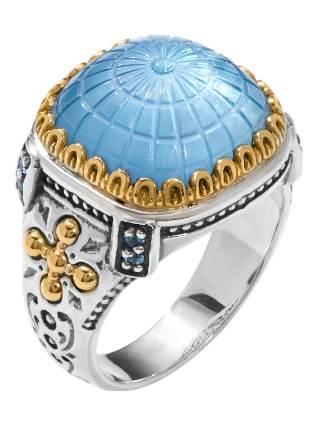 Konstantino Dome Sterling Silver 18k Gold Blue Mother of Pearl Blue Spinel Ring DKJ978-629 S8 MSRP $1095