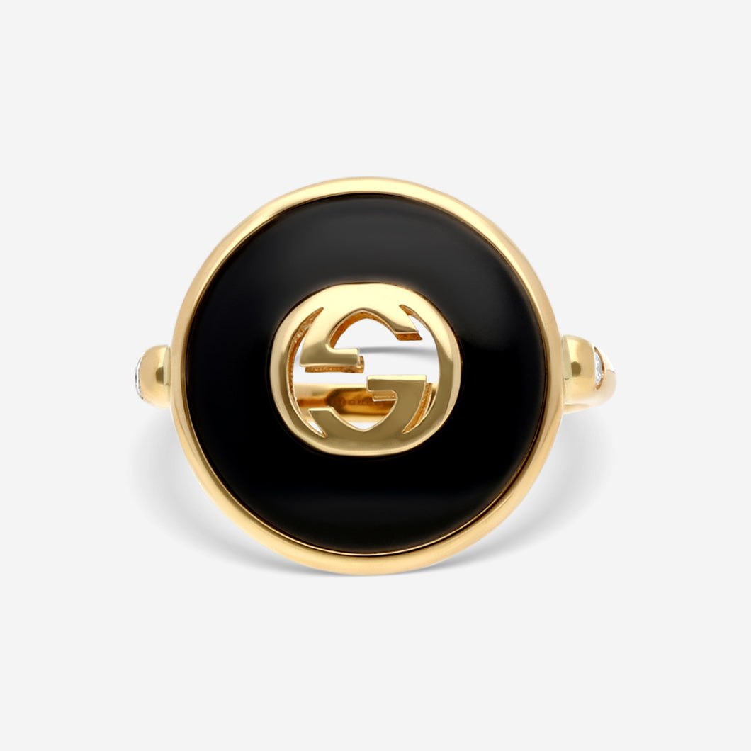 Gucci Interlocking 18K Yellow Gold Onyx Diamond Ring YBC786604001 MSRP $2,480
