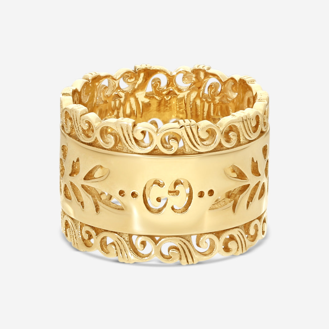 Gucci Icon Blooms 18K Yellow Gold Wide Band Ring YBC554647001 MSRP $2,100