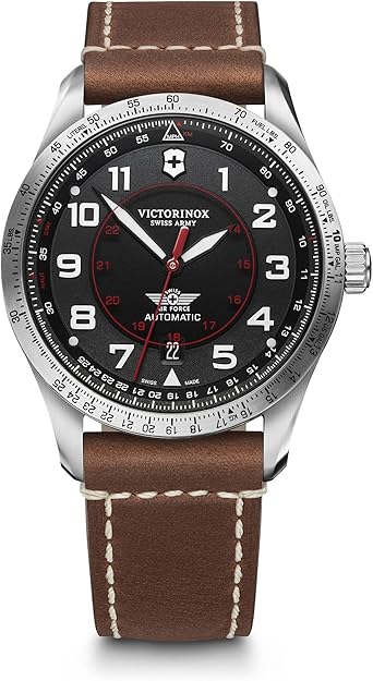 Victorinox Airboss 241973 Automatic Black Dial Brown Leather Strap Watch 42mm