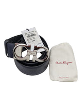Load image into Gallery viewer, Salvatore Ferragamo 674261 Double Gancini Thin Black/Blue Belt Size 100 MSRP $490
