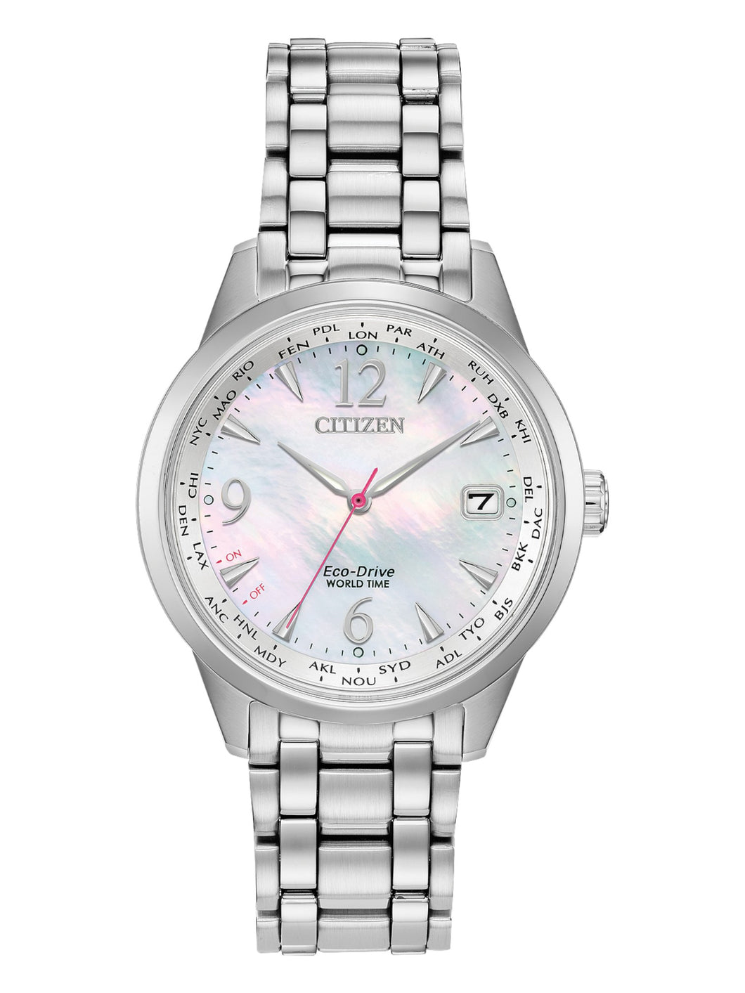 Citizen World Time FC8000-55D Ladies Calendar Silver Tone 36mm Watch MSRP$ 375