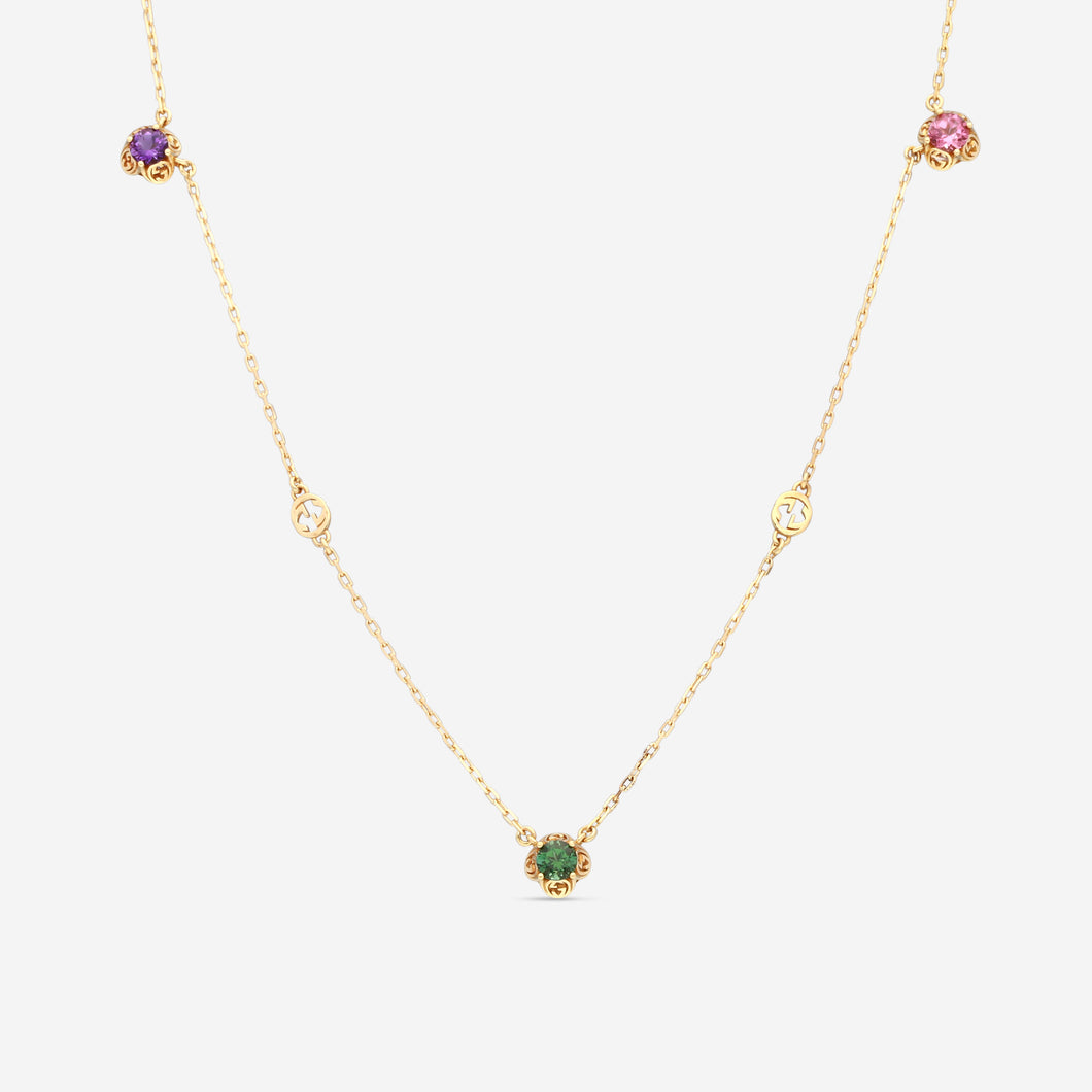 GUCCI Interlocking G Motif 18kt Yellow Gold with Amethyst, Tourmalines, Citrine and Beryl Necklace YBB662429001 MSRP $2,700