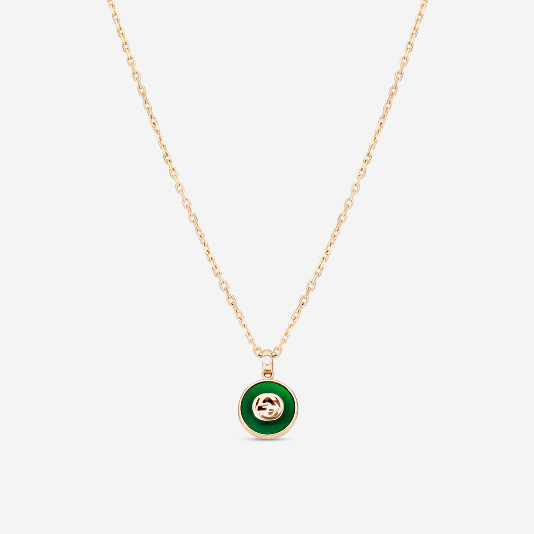 Gucci 18K Rose Gold Green Agate and Diamond Necklace YBB789340002 MSRP $2,700