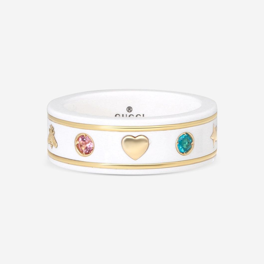 GUCCI Icon Thin Band 18kt Yellow Gold, Zirconia and Topaz Ring YBC527095001 MSRP $1,100