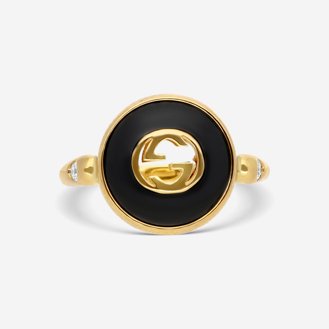 GUCCI Yellow Gold, Onyx and Diamond 12mm Small Ring YBC786547001 MSRP $1,980