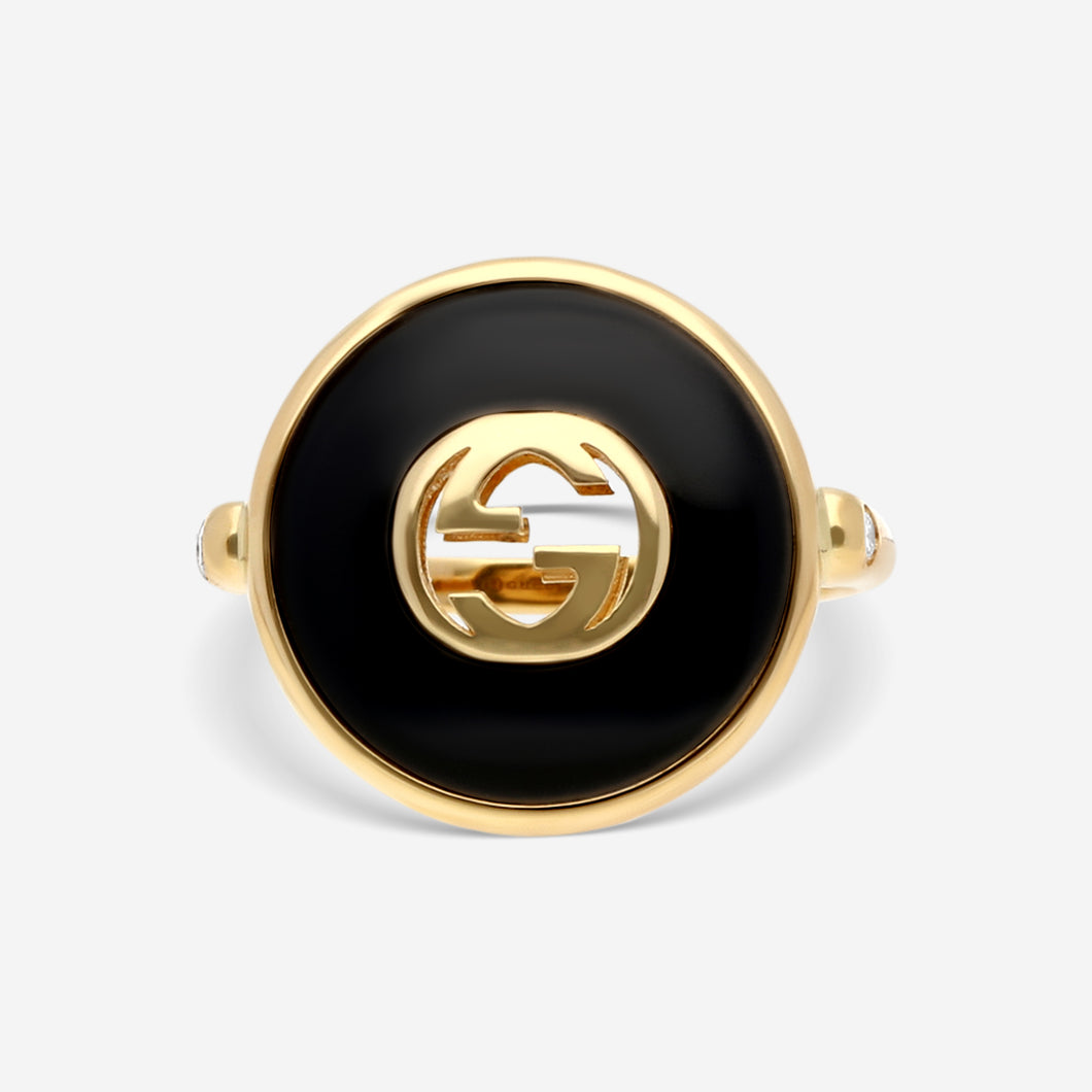 Gucci 18K Yellow Gold Onyx Diamond Ring YBC786604001 MSRP $2,480
