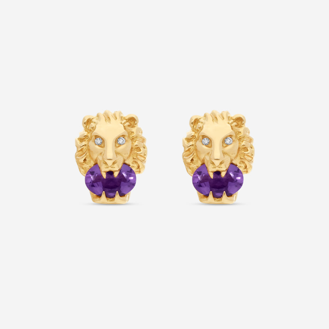Gucci Lion Head 18K Yellow Gold, Amethyst & Diamond Earrings YBD609866002 MSRP $3,520