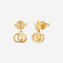 Load image into Gallery viewer, Gucci Double G &amp; Star 18K Yellow Gold Dangle Earrings YBD648604001 MSRP $920
