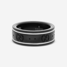 Load image into Gallery viewer, Gucci Icon Thin 18K White Gold &amp; Black Synthetic Corundum Band Ring YBC225985001 MSRP $770
