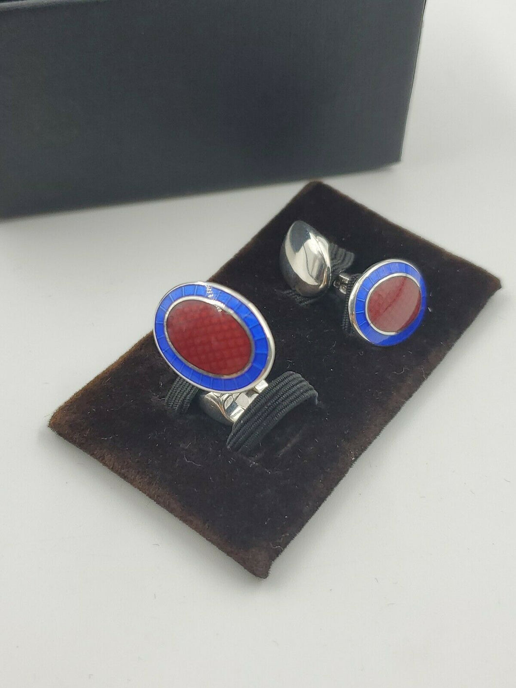 New Deakin and Francis Sterling Silver Red & Royal Blue Enamel Oval Cufflinks