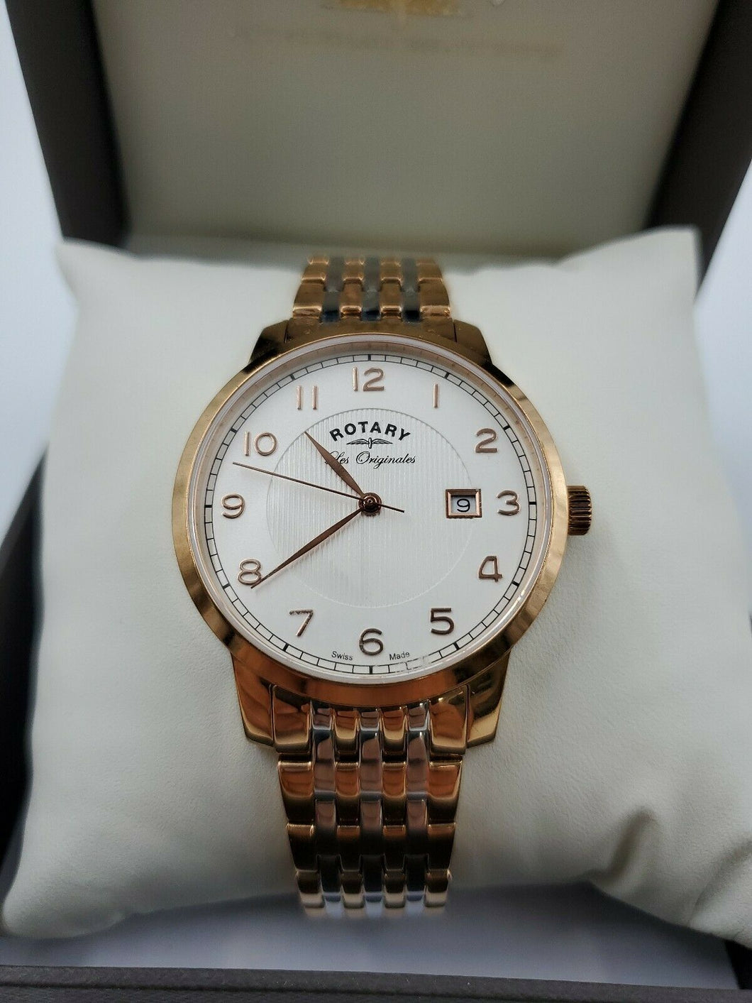 New Mens Rotary GB90080 Watch Swiss Quartz Two Tone Rose Gold MSRP $445