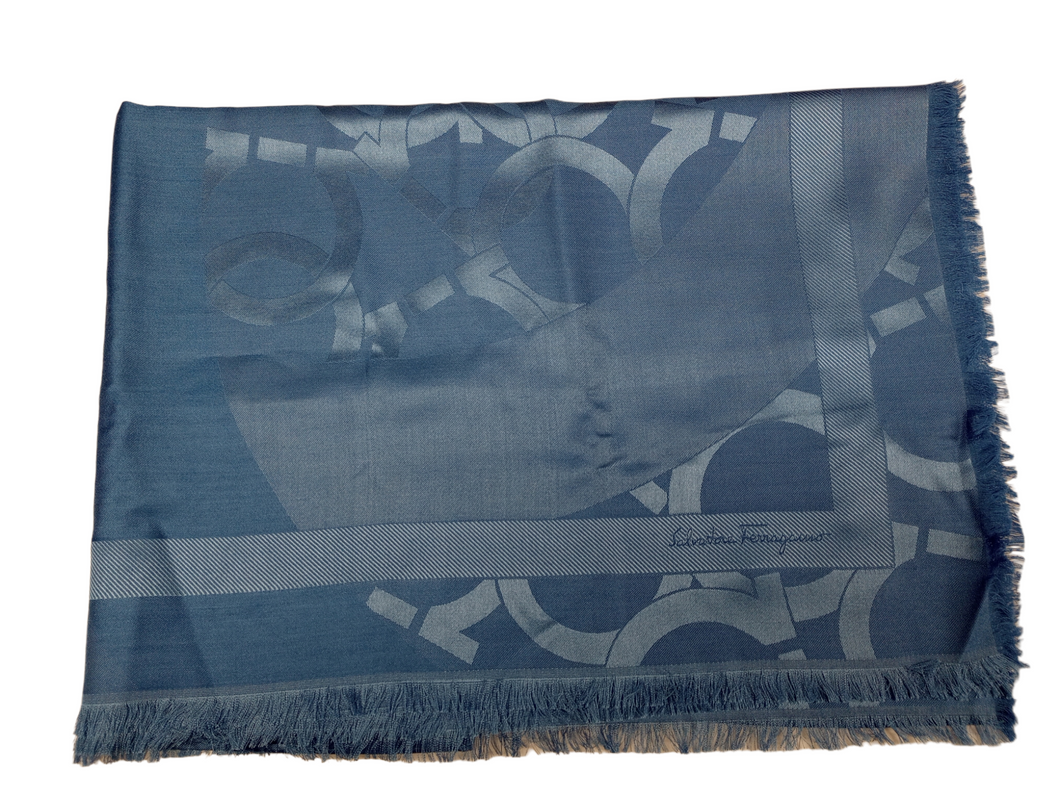 NEW SALVATORE FERRAGAMO 706765 Sky Blue Silk & Wool Gancini Scarf MSRP $350