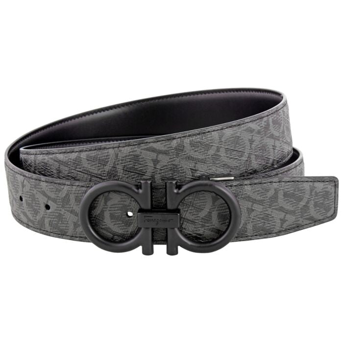 SALVATORE FERRAGAMO Men's Double Gancini 717807 Black/Grey Belt Size 105 MSRP $695