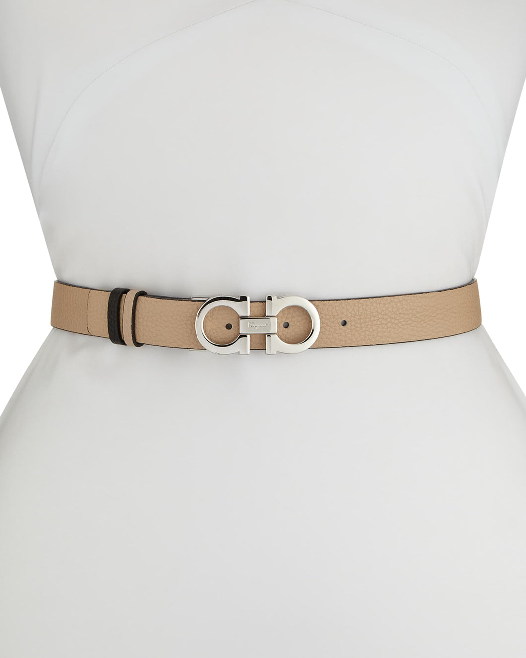 SALVATORE FERRAGAMO Gancini Thin Women's 688363 Almond/Black Belt Size 100 MSRP $450