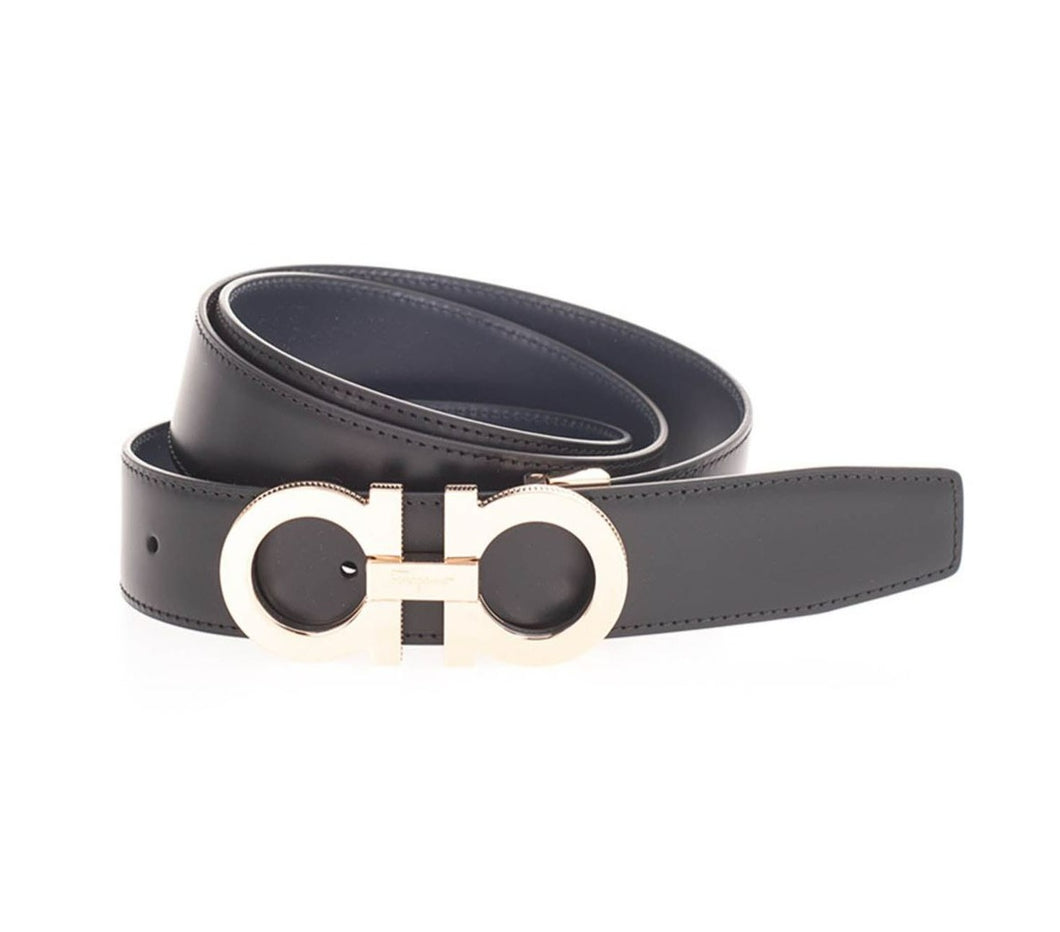 SALVATORE FERRAGAMO Men's Double Gancini 725453 Black/Blue Belt Size 105 MSRP $495